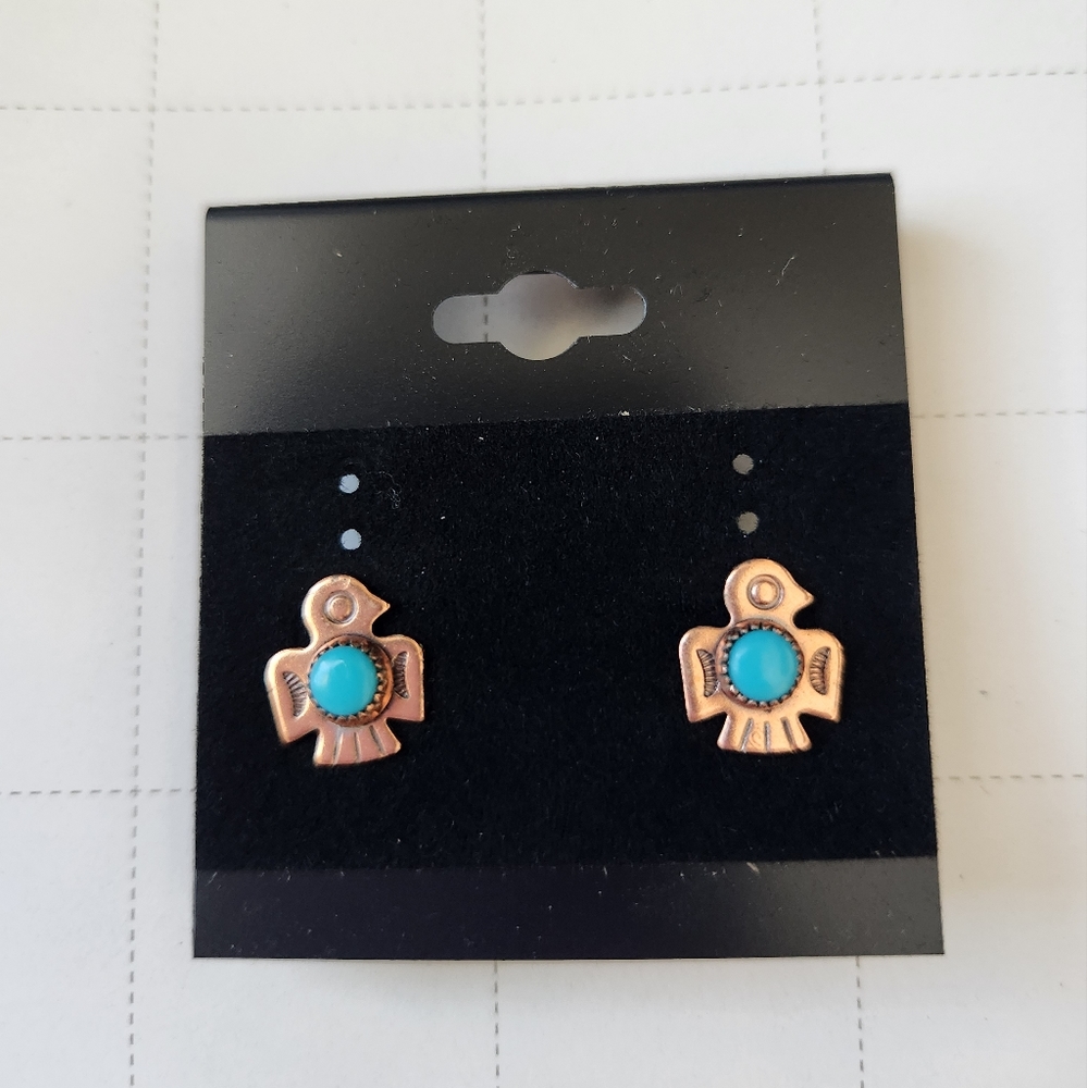 Copper Bird/ Eagle Earrings with Blue Stone
